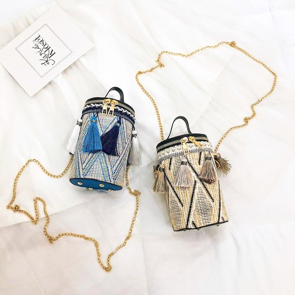 Staycation Blue Tassle cylinder bucket bag purse - Picture 6 of 7